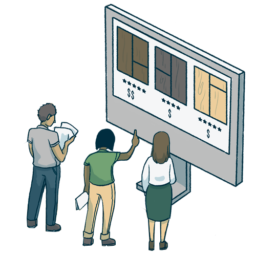 Illustration of a TimberTown pro showing customers flooring options
