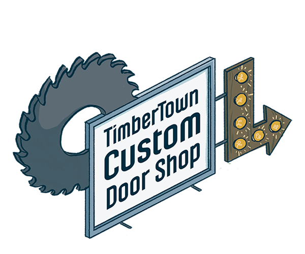 Illustration of a TimberTown Custom Door Shop sign