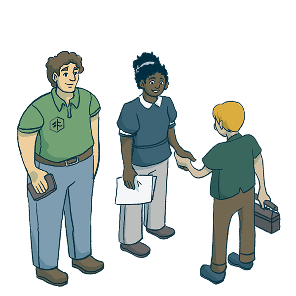 Illustration of a TimberTown Pro and customer meeting with a contractor
