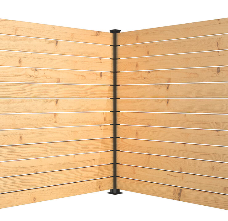 Hoft 72" HOFT 72" Post Kit corner privacy fence with horizontal wood boards and black aluminum posts for modern outdoor screening.