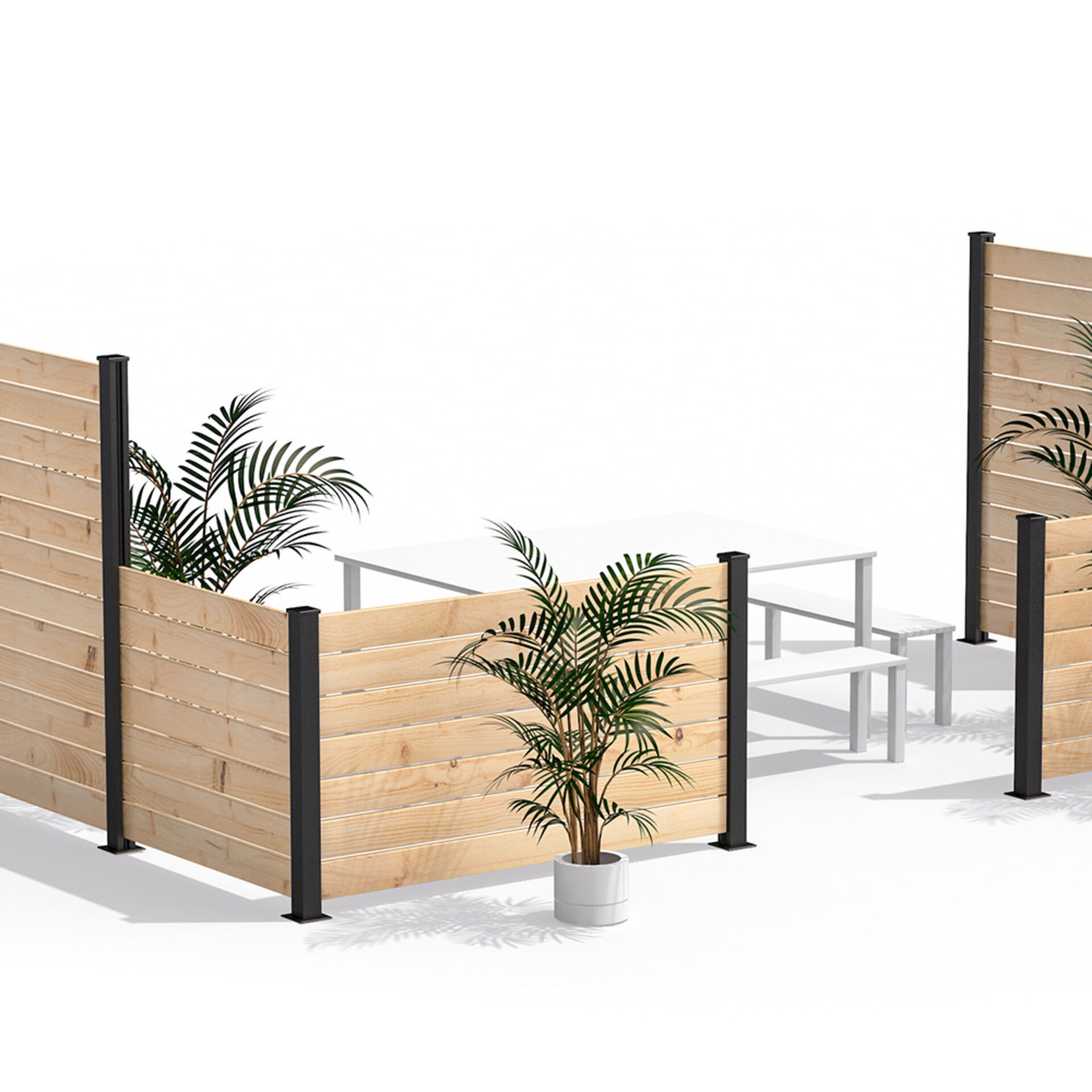 render-produit44 HOFT 44" Post Kit modular fence system featuring horizontal wood boards and black aluminum posts for customizable outdoor privacy screening.